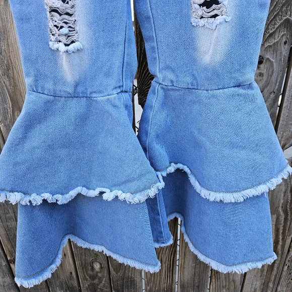 Girls Ruffle Flare Distressed Jeans - Blue 8Y - Picture 7 of 16